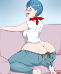  1girl ahegao artist:bxblazexd blue_hair blushing bulma_briefs dragon_ball drool jeans kneeling soiling solo tagme tongue  rating:Questionable score:6 user:Anonymous