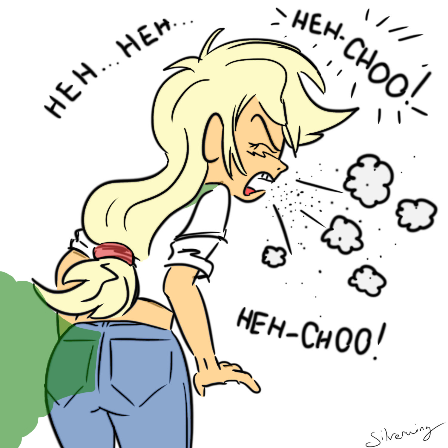1girl applejack blonde_hair my_little_pony farting sneezing.