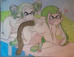  2girls all_fours exhibitionism green_hair inkling naked nintendo scat splatoon  rating:Safe score:6 user:unsung_soldier