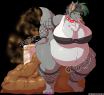  1girl anthro artist:sneksnax bbw big_ass big_breasts clogged_toilet farting green_eyes green_hair huge_pile hyperscat looking_back naughty_face scat standing stinky toilet wolf  rating:Explicit score:6 user:encephalopod